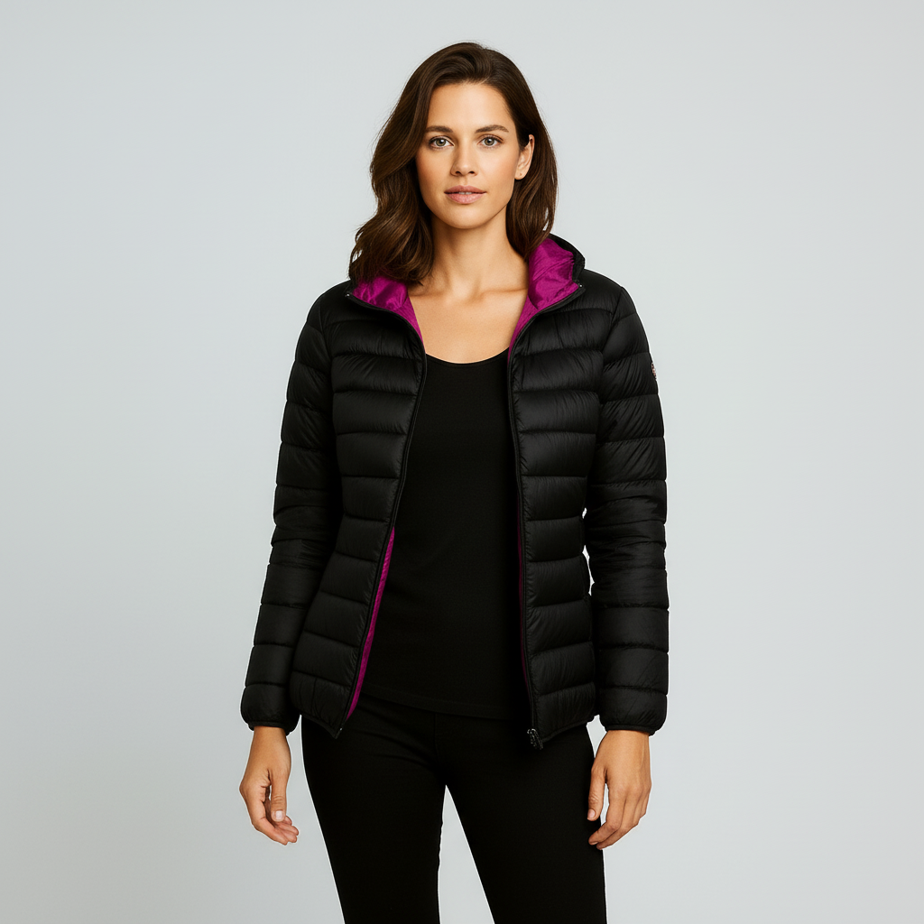 Lightweight women's reversible down jacket, Nina, with a zip-up front, ideal for autumn fashion.