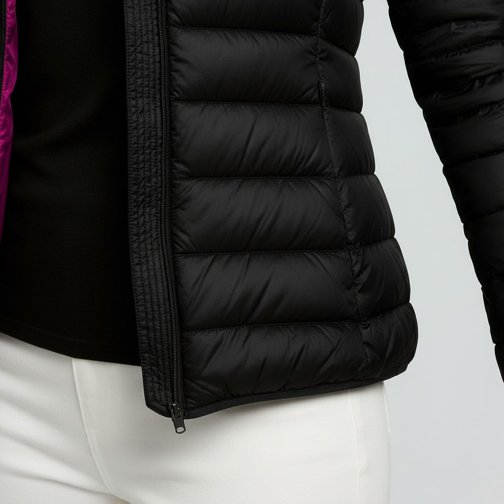 Close-up of the quilted texture on the women's reversible packable down jacket, Nina, in gray.