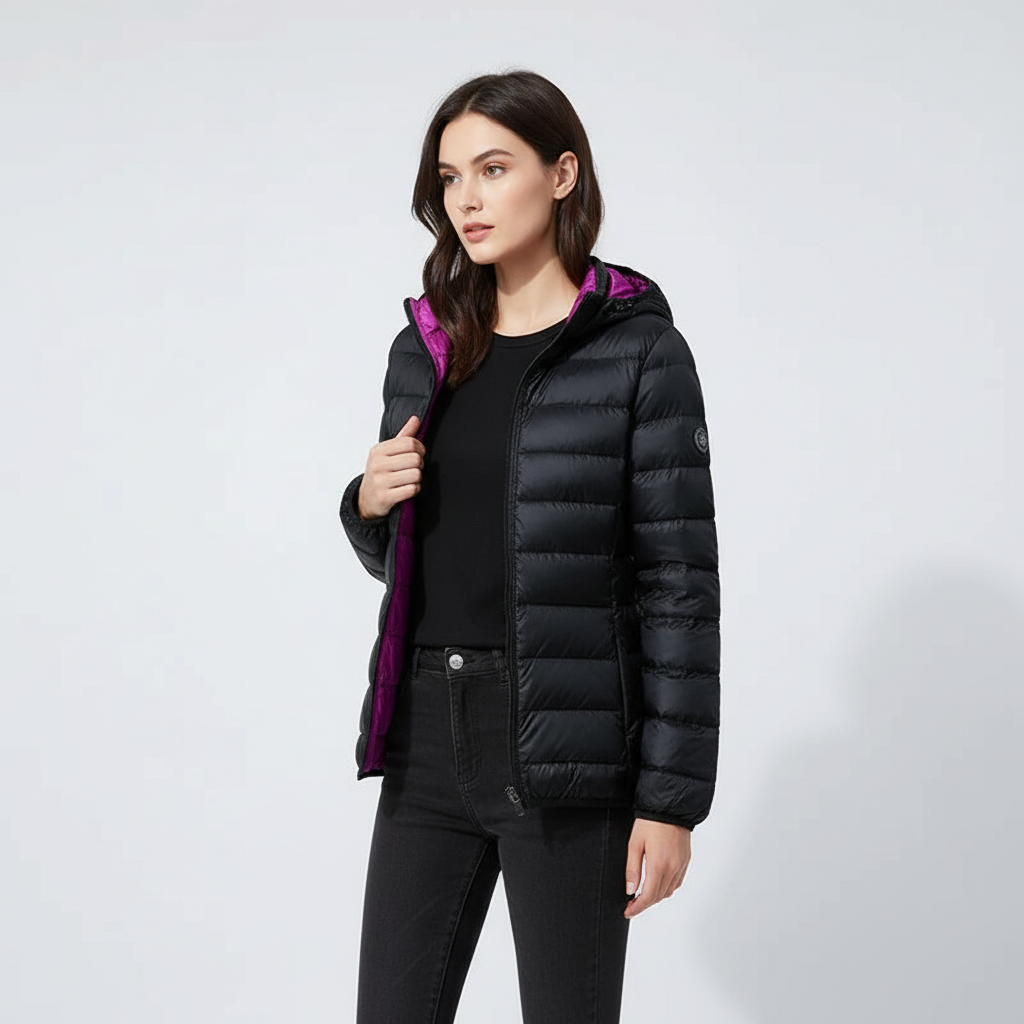 Model wearing a black women's reversible down jacket, Nina, hooded, suitable for casual outerwear.