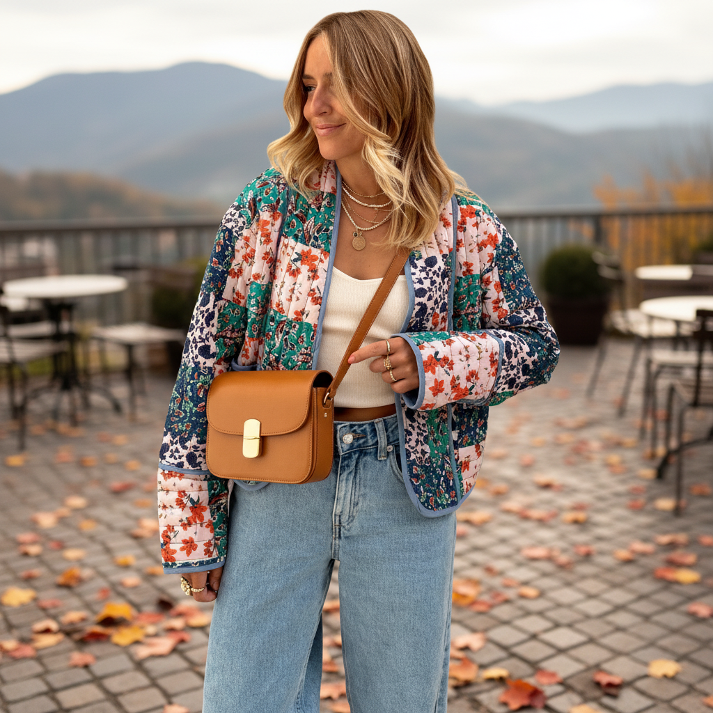 Women's reversible patchwork jacket, Theresa, featuring unique autumnal patterns