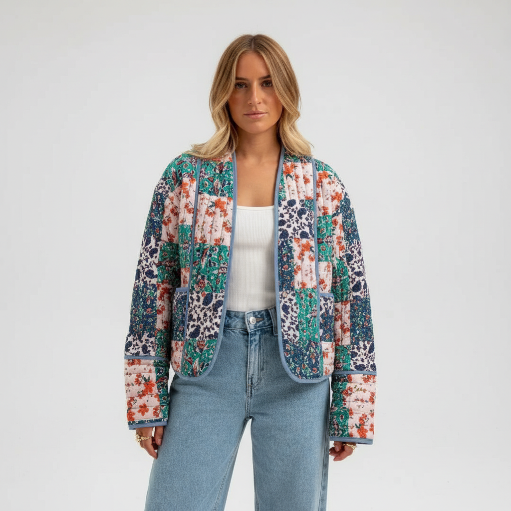 Stylish women's padded reversible jacket with colorful patchwork design for winter