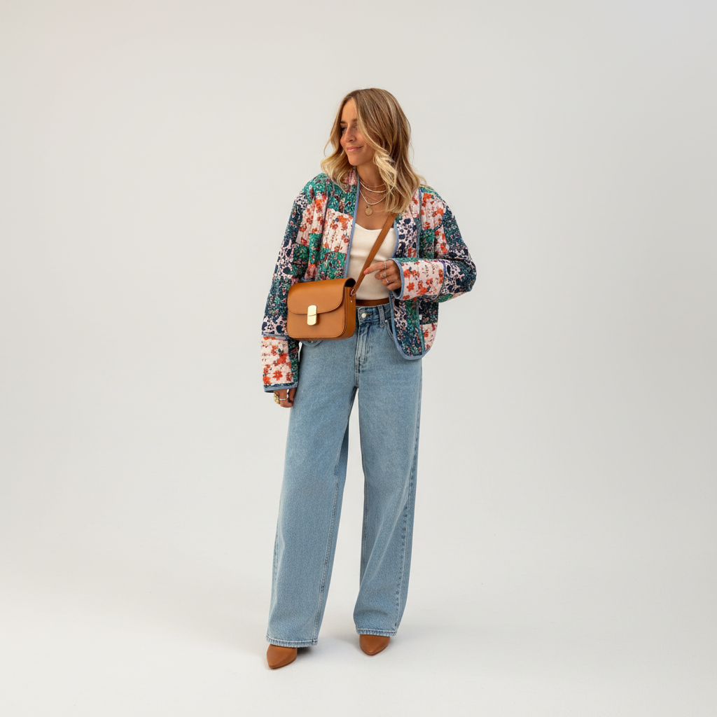 Warm women's reversible jacket, Theresa, with intricate patchwork for cold weather
