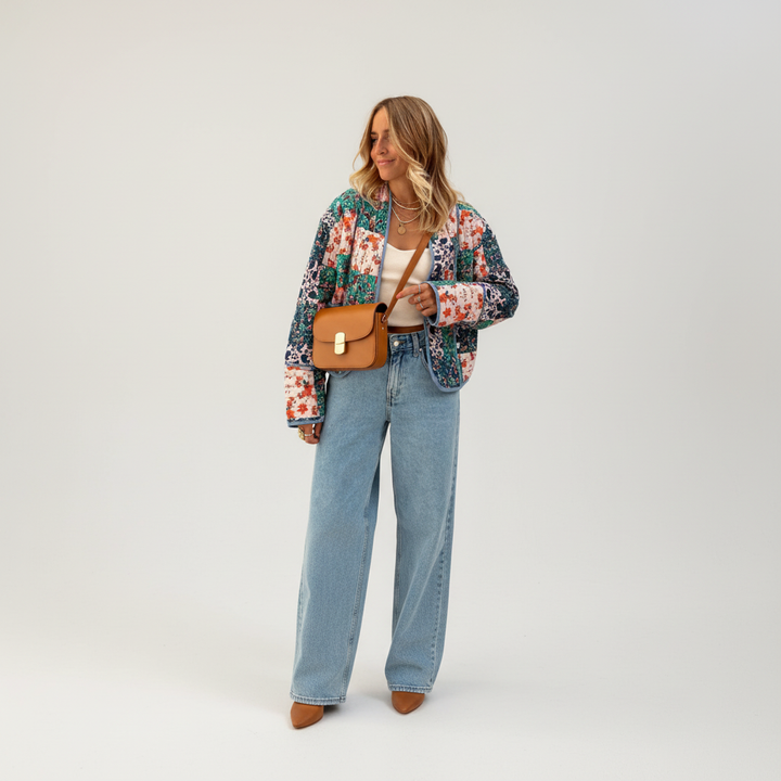 Warm women's reversible jacket, Theresa, with intricate patchwork for cold weather