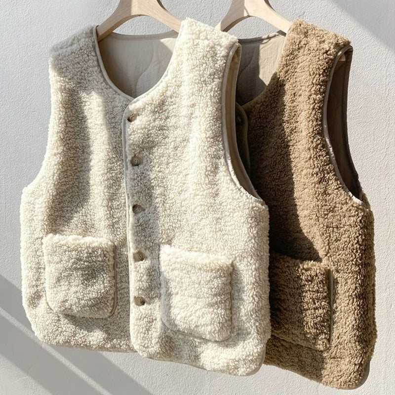 Beige women's reversible quilted vest, a warm and chic outerwear layering piece for casual wear.