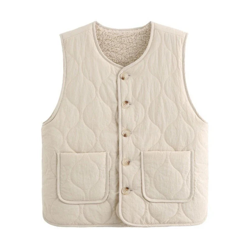 Warm women's reversible quilted vest, a khaki and beige sleeveless jacket perfect for comfortable outerwear.