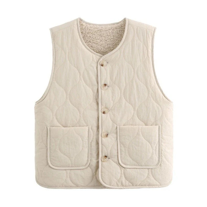 Warm women's reversible quilted vest, a khaki and beige sleeveless jacket perfect for comfortable outerwear.