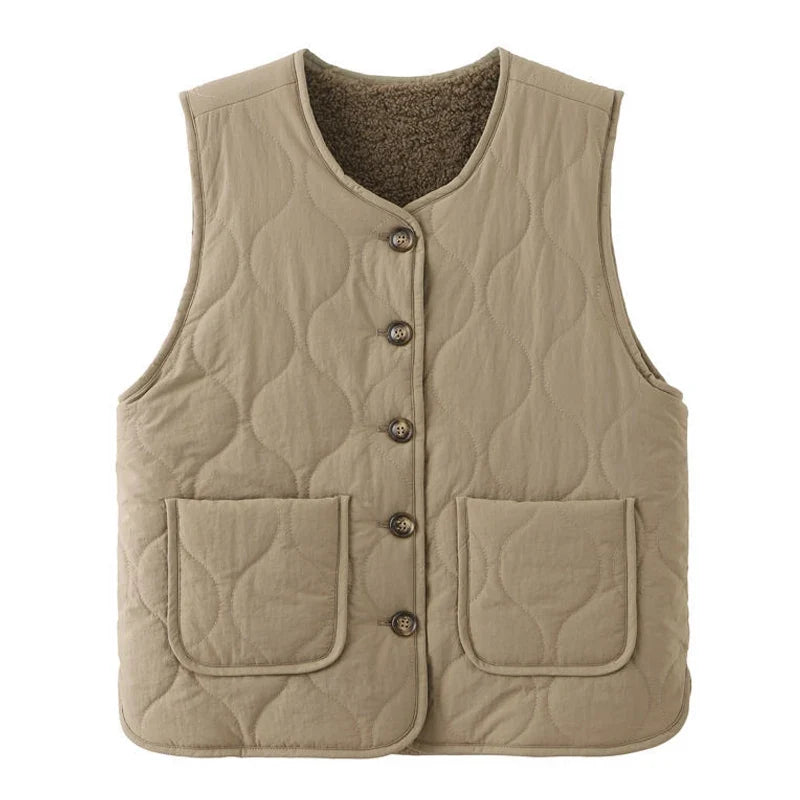 Stylish women's khaki & beige reversible quilted vest, a versatile layering piece and sleeveless jacket.