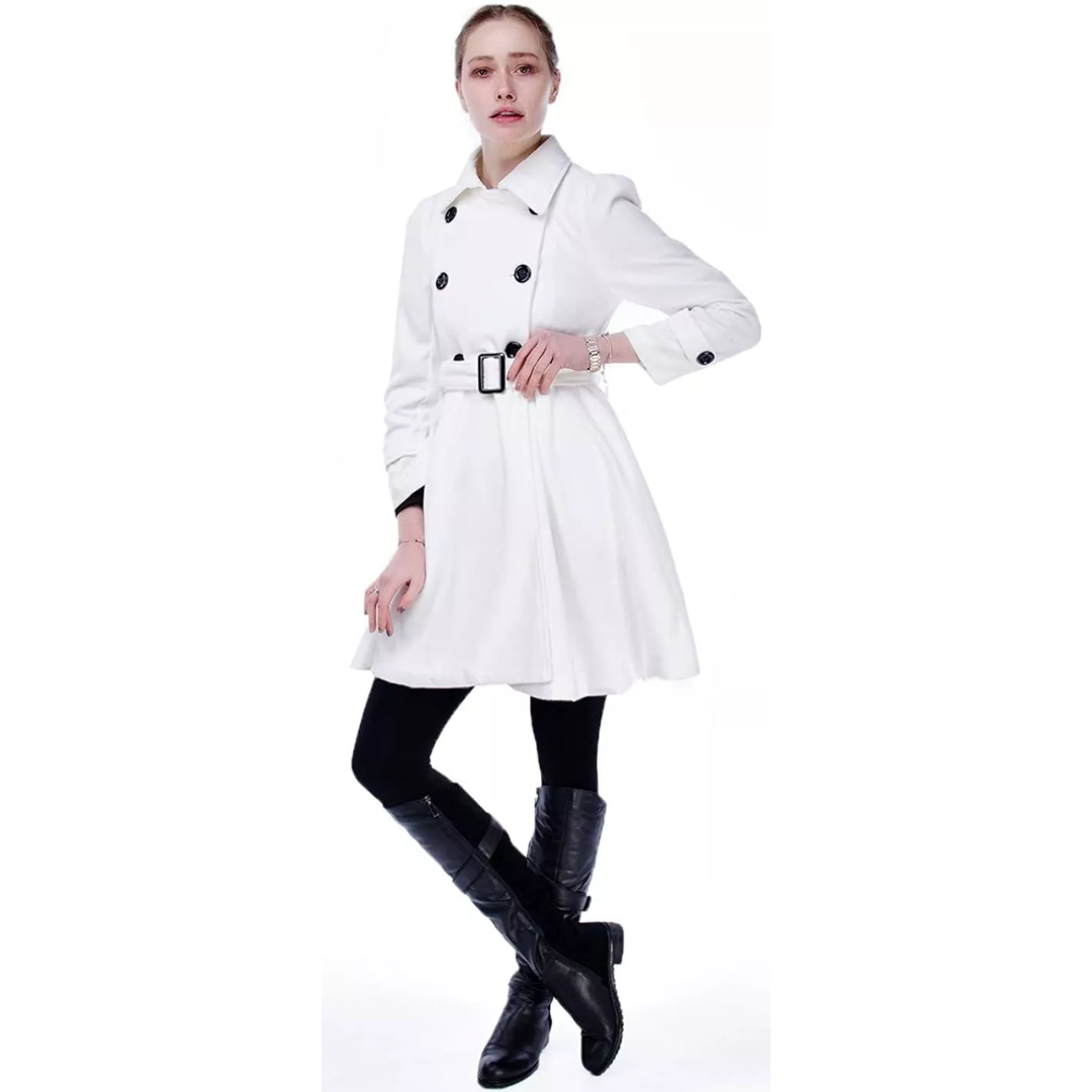 Hanger shot of a women's reversible wool blend peacoat, highlighting two color options