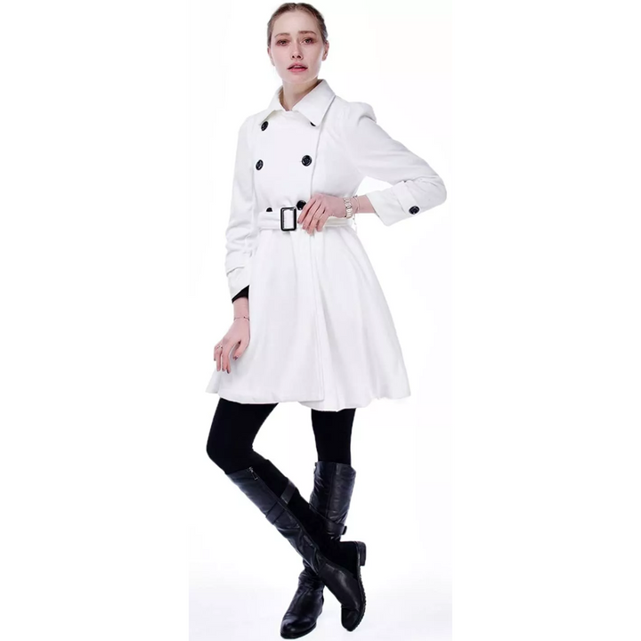 Hanger shot of a women's reversible wool blend peacoat, highlighting two color options