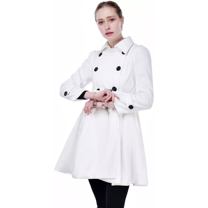 Woman fastening the belt on a reversible wool blend peacoat, practical & chic winter coat
