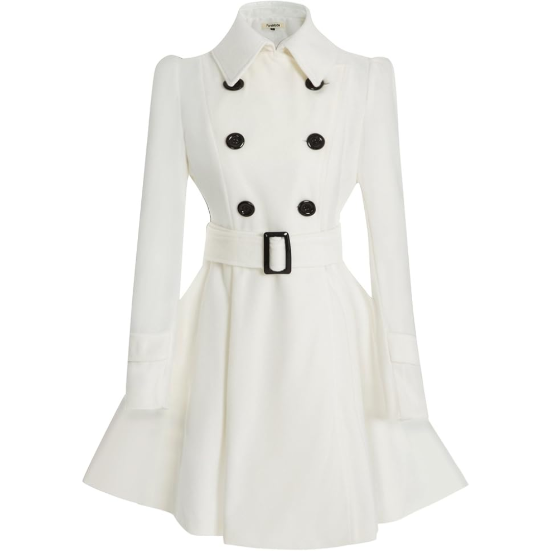 Stylish women's mid-length reversible peacoat, wool blend, with adjustable belted waist