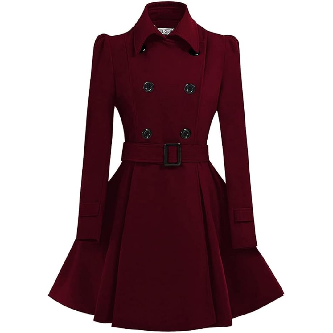 Back view of a women's belted wool blend peacoat, reversible design for versatile outerwear