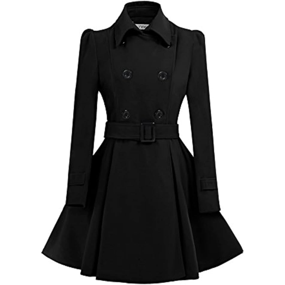 Detail of the belt and buckle on a women's reversible wool blend peacoat, cinching waist