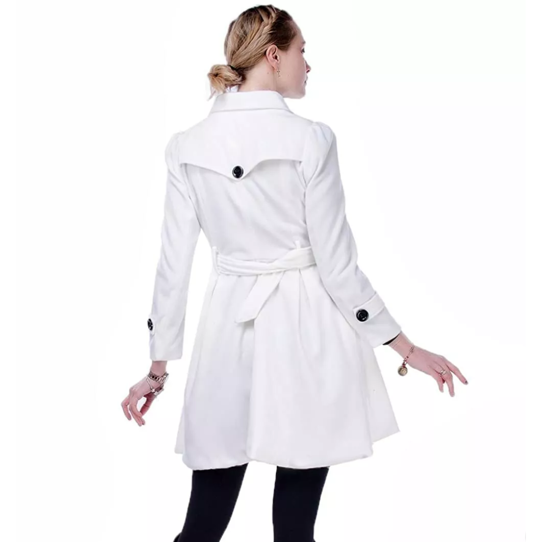 Women's peacoat, reversible wool blend, styled open to show interior lining, mid-length design