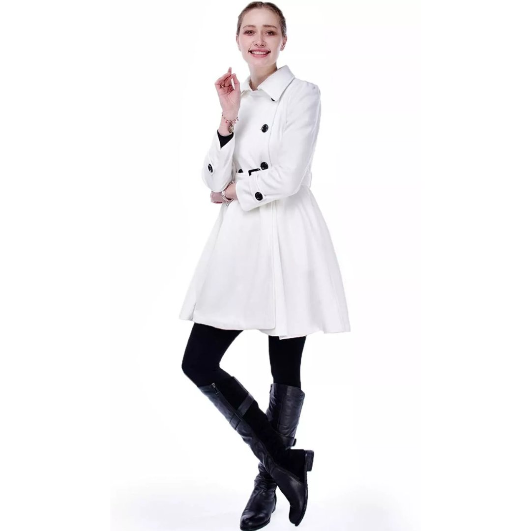 Side profile of a women's mid-length reversible peacoat, showcasing fitted, elegant silhouette