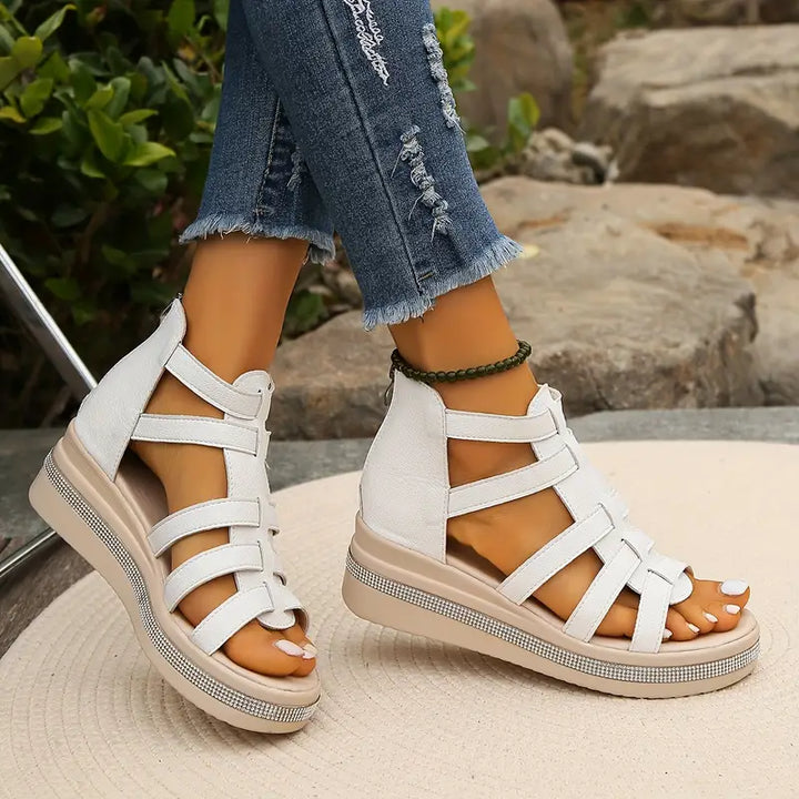 Ergonomic women's comfort sandals, sparkling rhinestones, and supportive design for healthy elegant feet.
