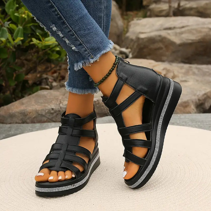 Supportive women's comfort sandals with sparkling rhinestones, perfect for elegant all-day wear.