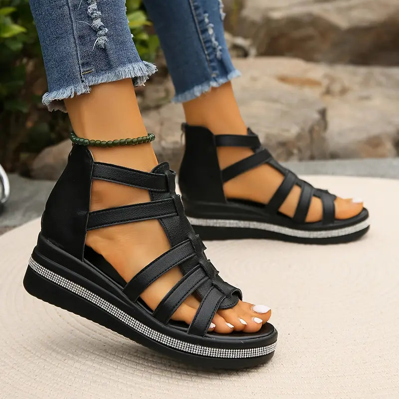 Open-toe women's comfort sandals with rhinestones, offering elegant style & all-day support.