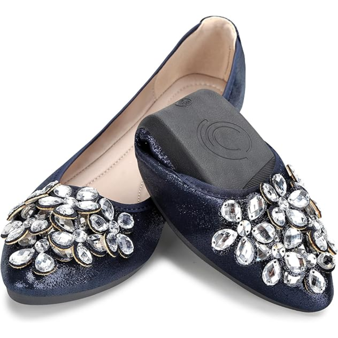 Travel-friendly women's ballet flats, foldable with sparkling rhinestone decorations