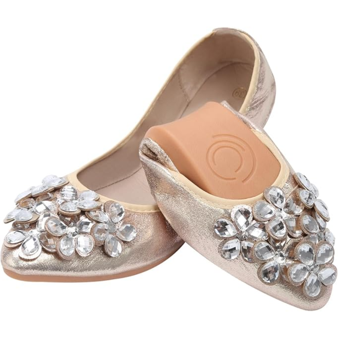 Stylish women's foldable ballet flats, rhinestone embellishments, perfect for events