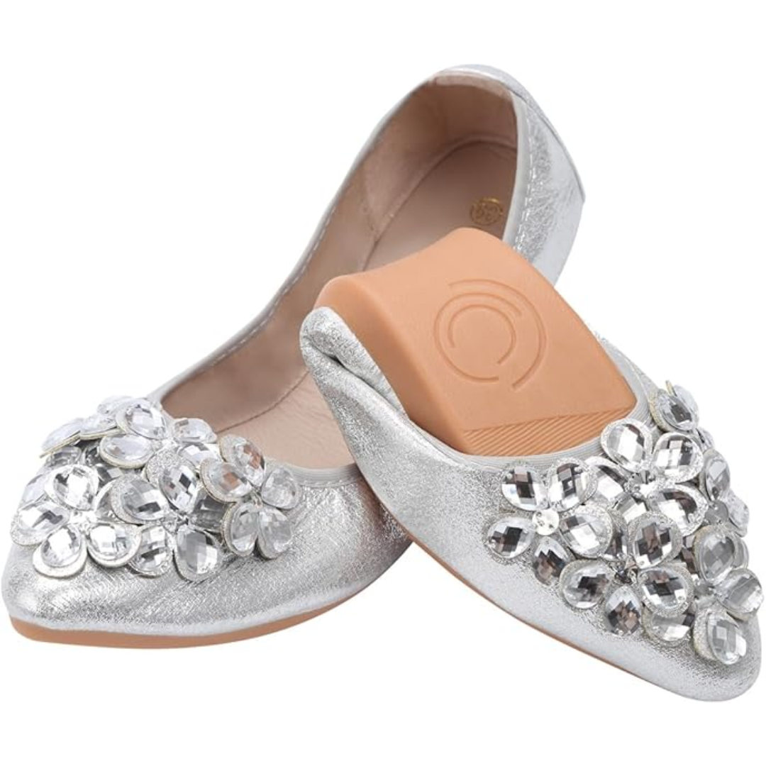 Versatile women's ballet flats with rhinestones, foldable for travel and party wear
