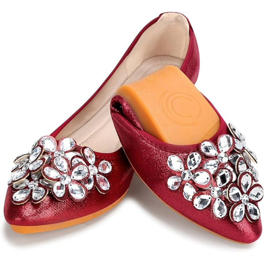 Rhinestone embellished foldable ballet flats for women, chic travel fashion footwear