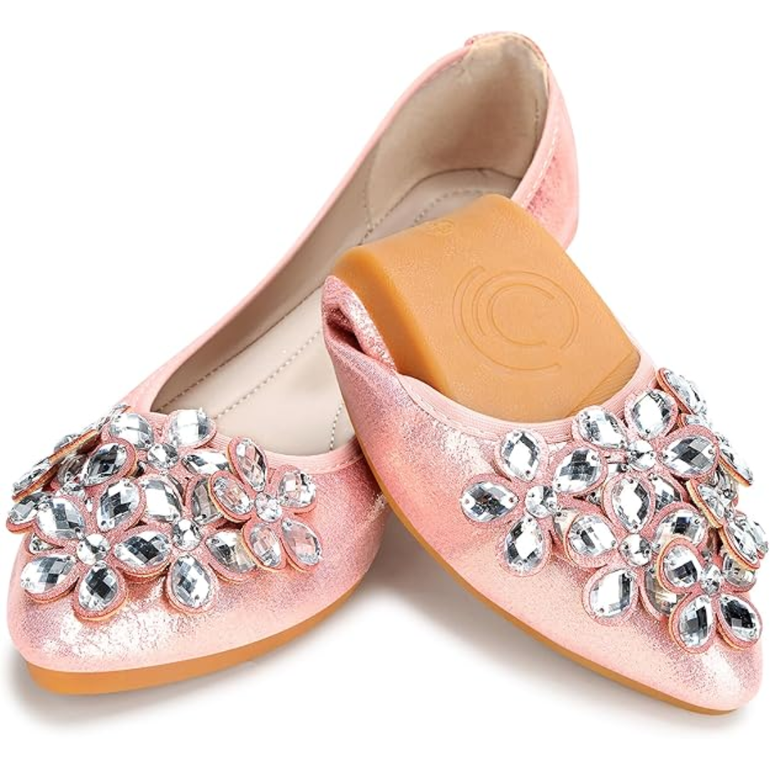 Party-ready women's ballet flats with sparkling rhinestone details, easily foldable