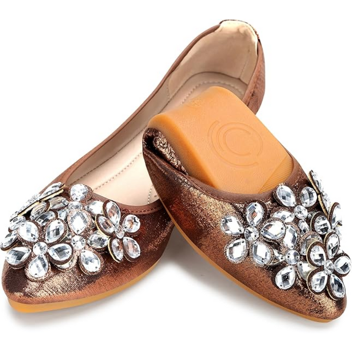 Comfortable women's evening wear ballet flats, rhinestone embellished, portable design