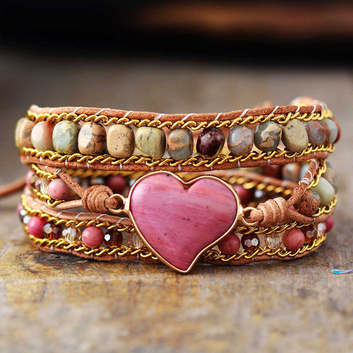 Women's rhodochrosite heart healing stone leather wrap bracelet for emotional support, adjustable.