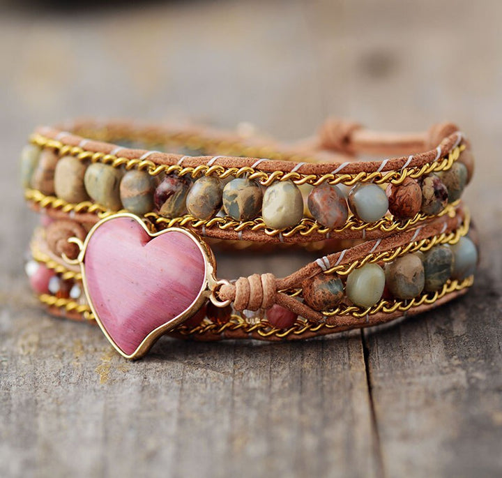 Fashionable rhodochrosite heart gemstone leather bracelet, spiritual healing women's jewelry.