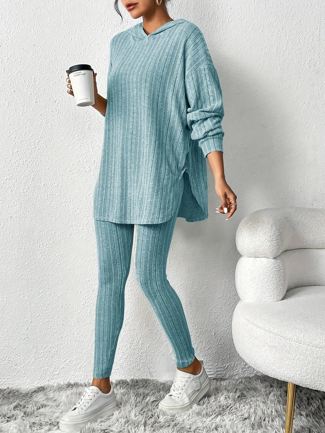 Women's ribbed knit lounge set, a cozy two-piece matching set for ultimate comfort wear.