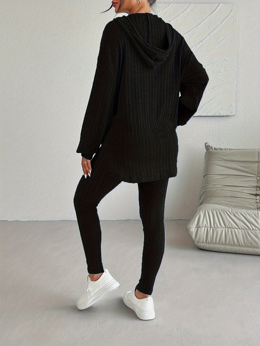 Complete women's ribbed knit lounge set. Matching two-piece comfort wear, cozy and stylish loungewear.