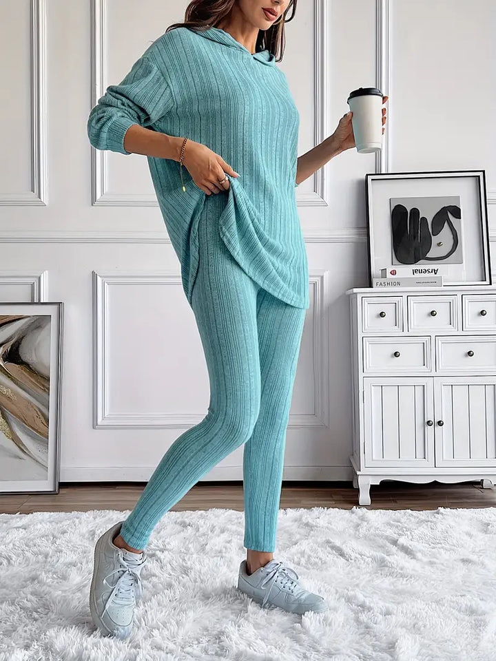 Light grey women's ribbed knit lounge set. Cozy two-piece loungewear for casual comfort.
