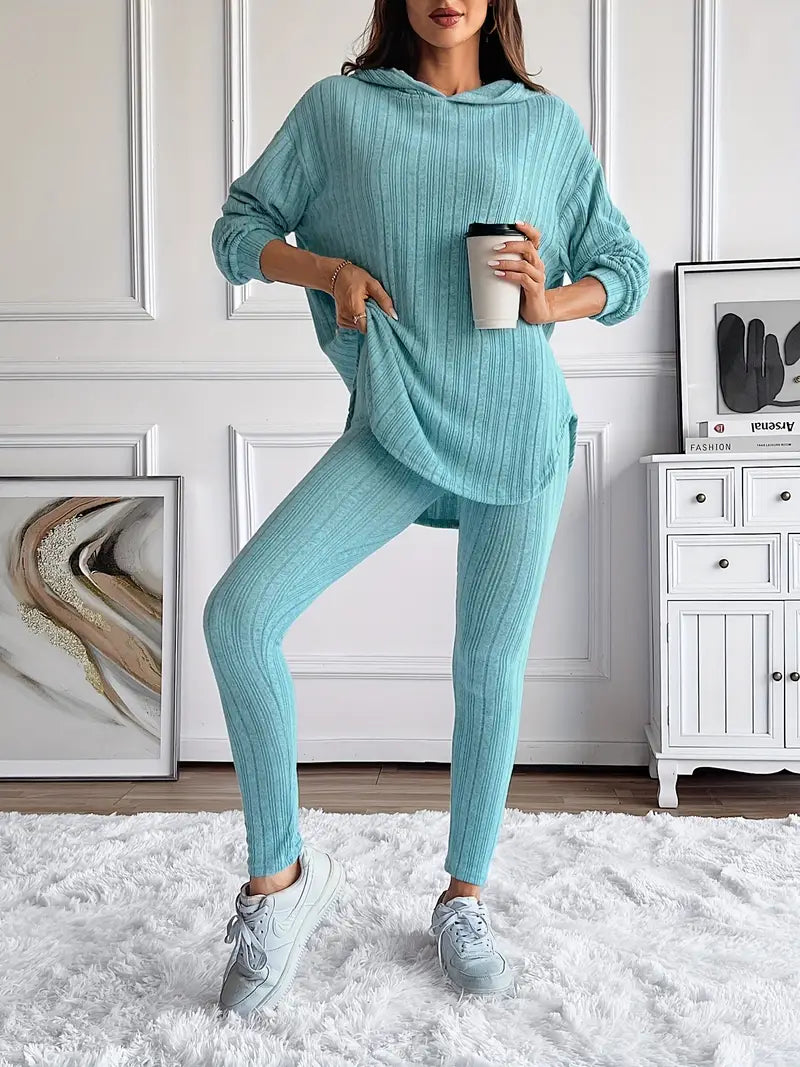 Soft ribbed knit women's lounge set, a comfortable two-piece athleisure outfit for daily wear.