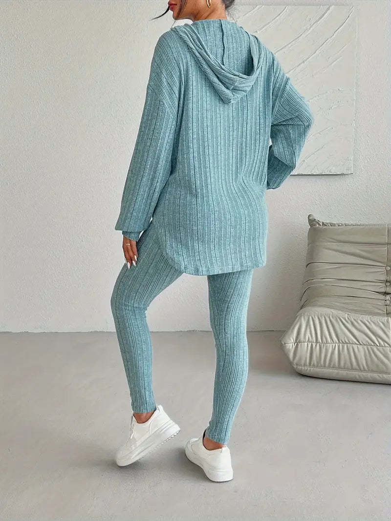 Close-up of ribbed knit lounge set top. Soft, cozy women's loungewear, perfect for comfort.