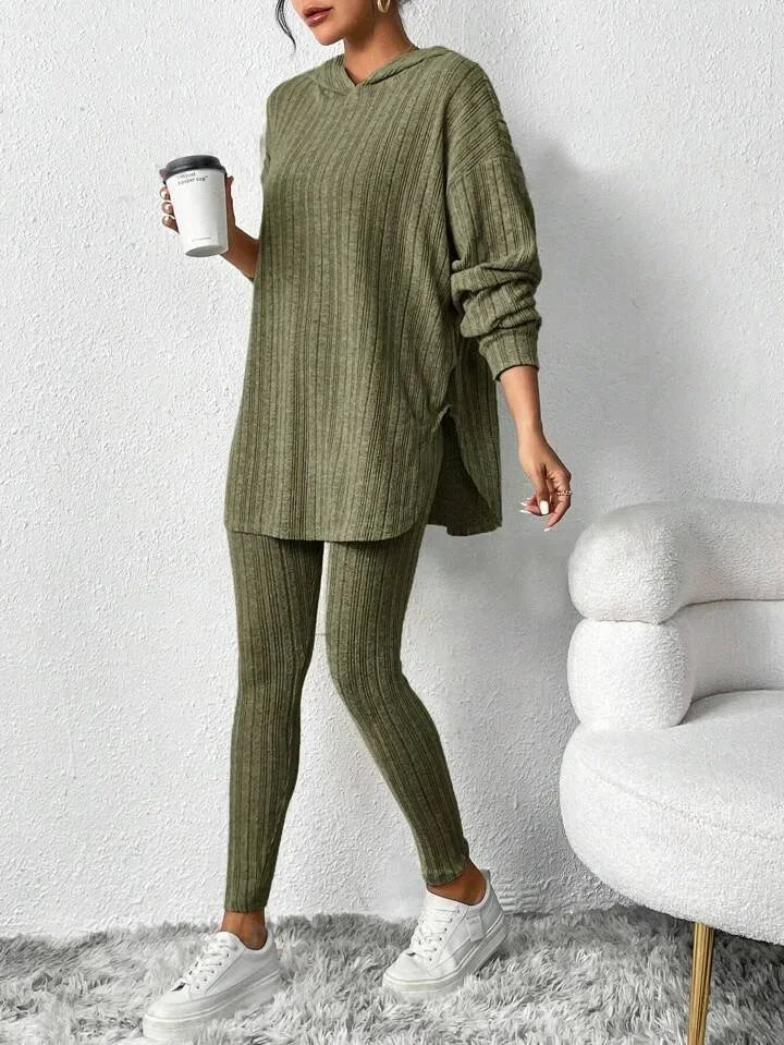 Detail of ribbed knit lounge set pants. Comfortable women's two-piece athleisure bottom wear.