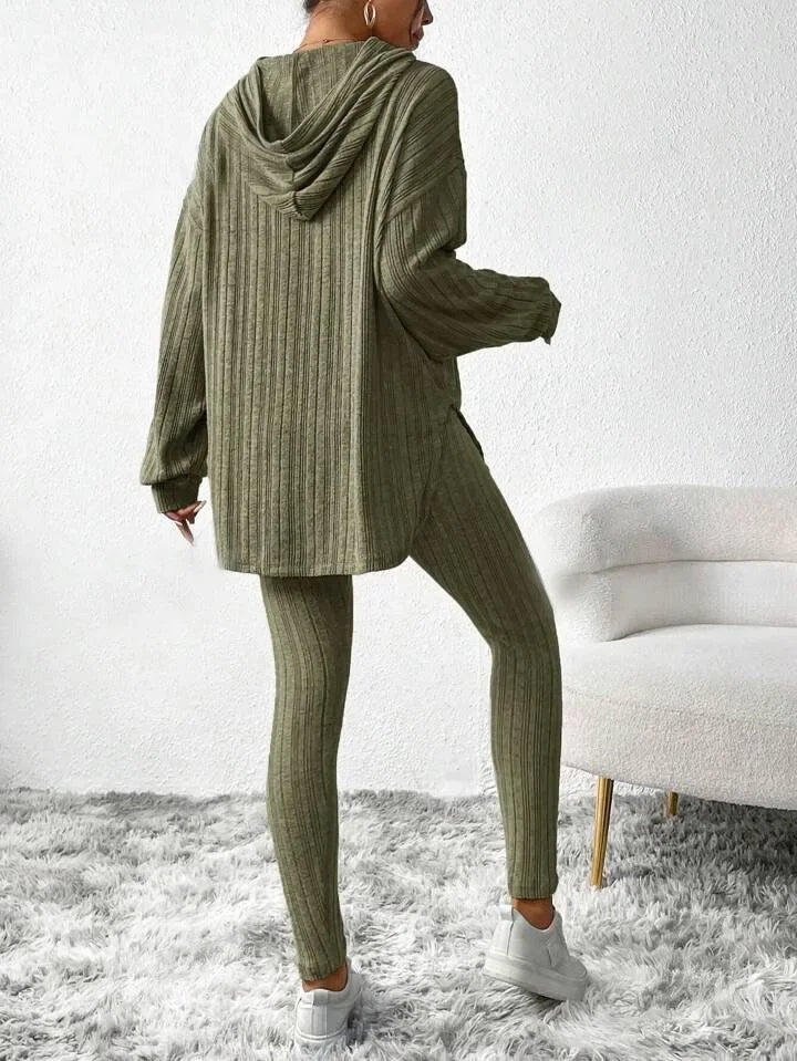 Textured ribbed knit lounge set in beige. Cozy women's two-piece matching set for ultimate comfort.