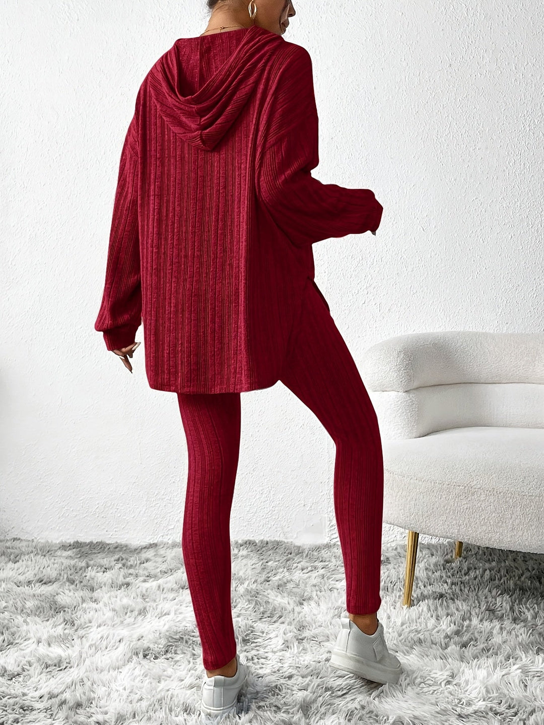 Pink women's ribbed knit lounge set. A cozy two-piece comfort wear outfit, perfect matching set.