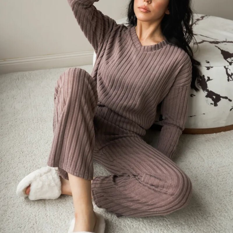 Comfortable women's ribbed knit matching set. Perfect soft loungewear & stylish casual wear outfit.
