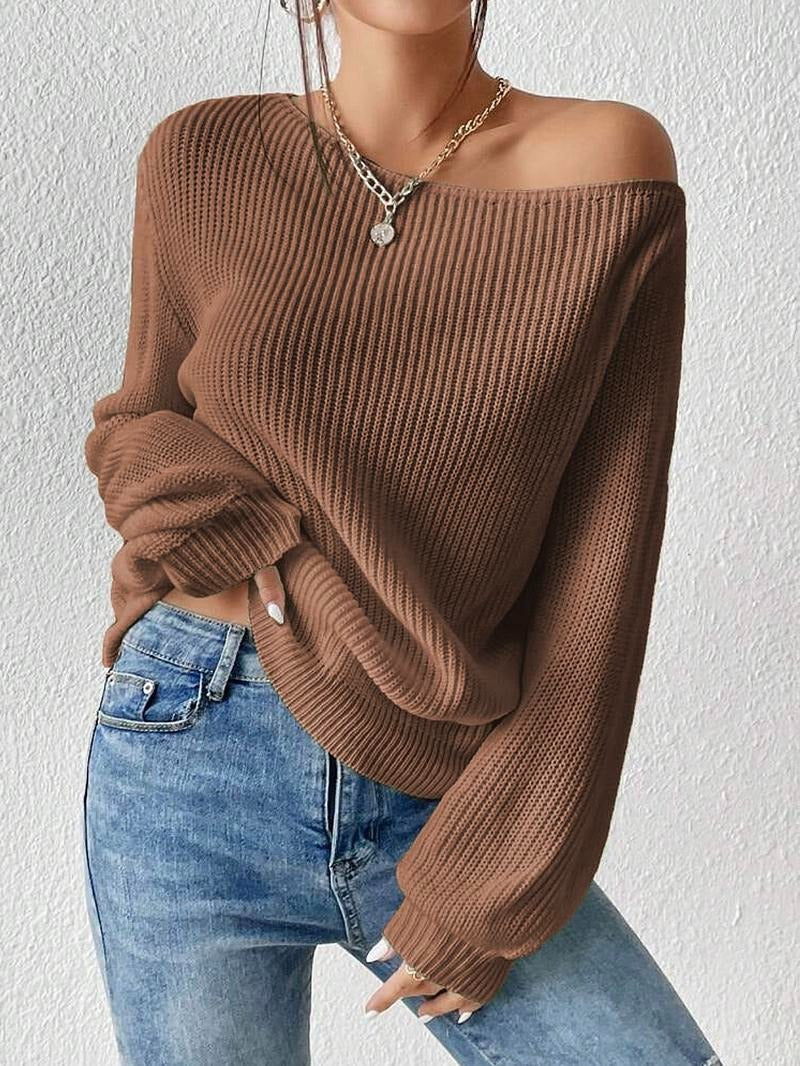 Women's ribbed off-shoulder top, a chic and comfortable long-sleeve sweater for elegant fall fashion.