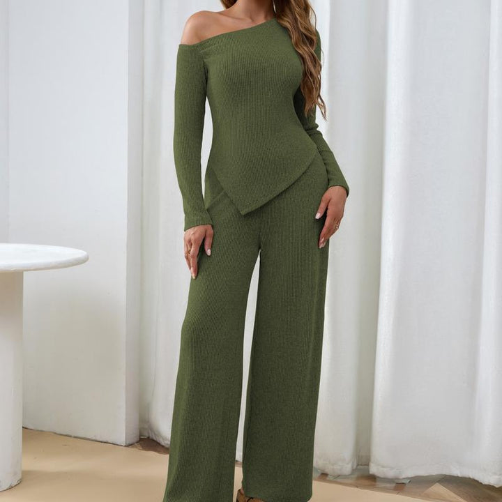 Casual yet elegant women's ribbed knit one-shoulder two-piece set with comfy wide-leg trousers.
