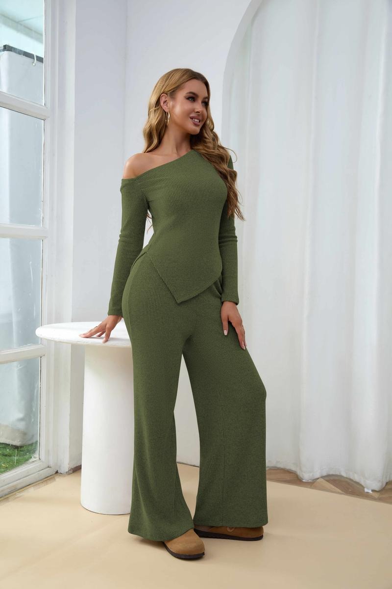 Fashionable women's ribbed one-shoulder two-piece set, knit top & wide-leg trousers for modern casual style.