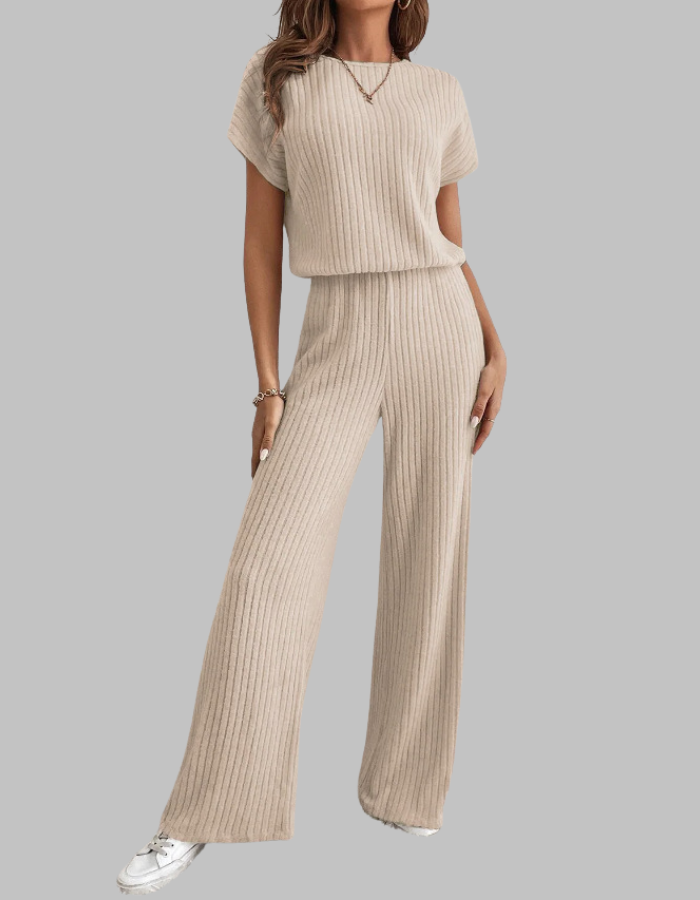 Women's ribbed two-piece set with a short sleeve top and wide-leg pants. Perfect for casual wear.