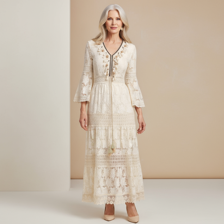 Women's romantic boho lace maxi dress, perfect for elegant bohemian style and summer special occasions.