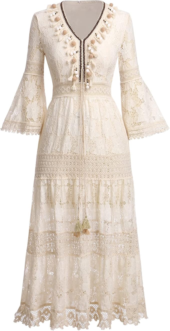Elegant women's long lace maxi dress with intricate boho details, ideal for beach or summer events.