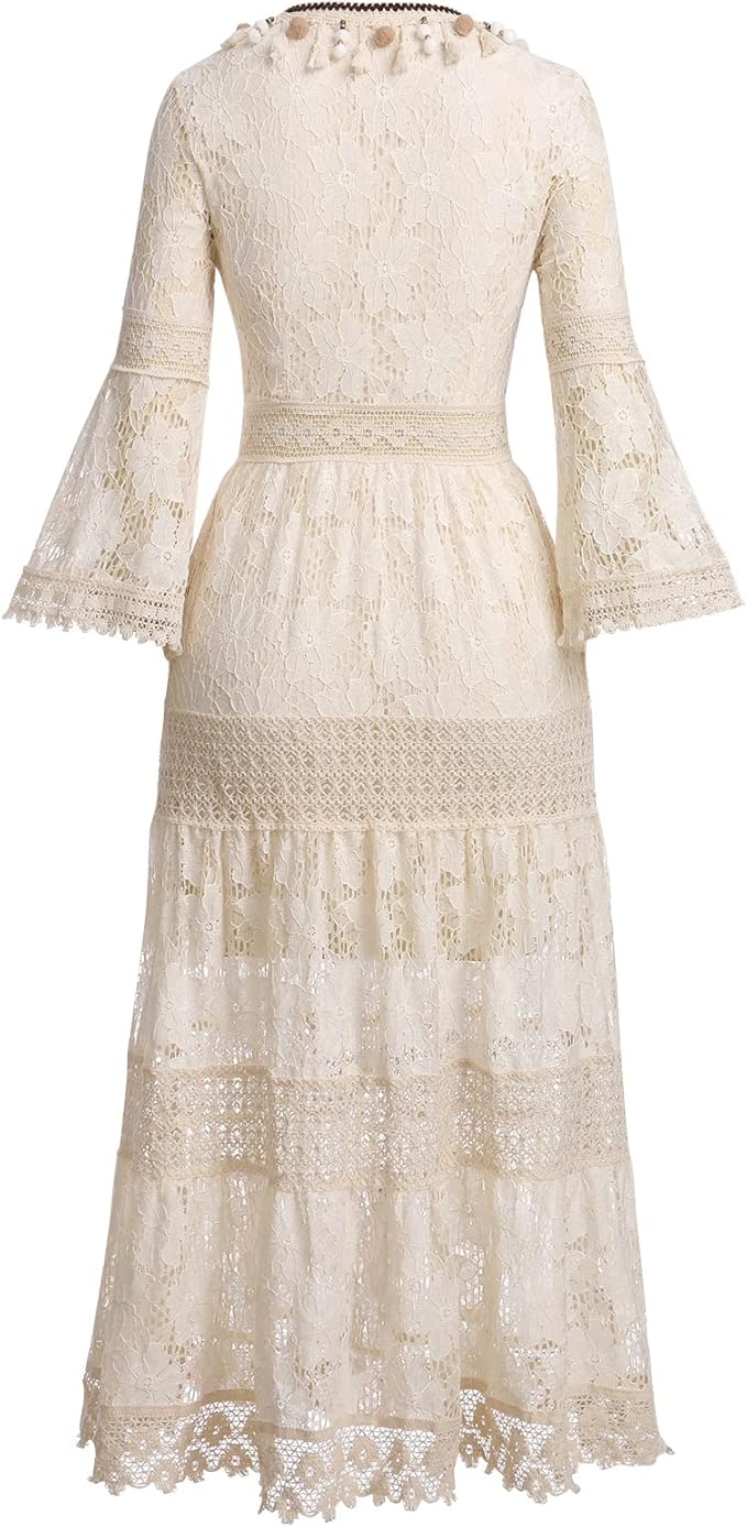 Beautiful women's boho lace maxi dress, a long and flowy garment perfect for special summer moments.