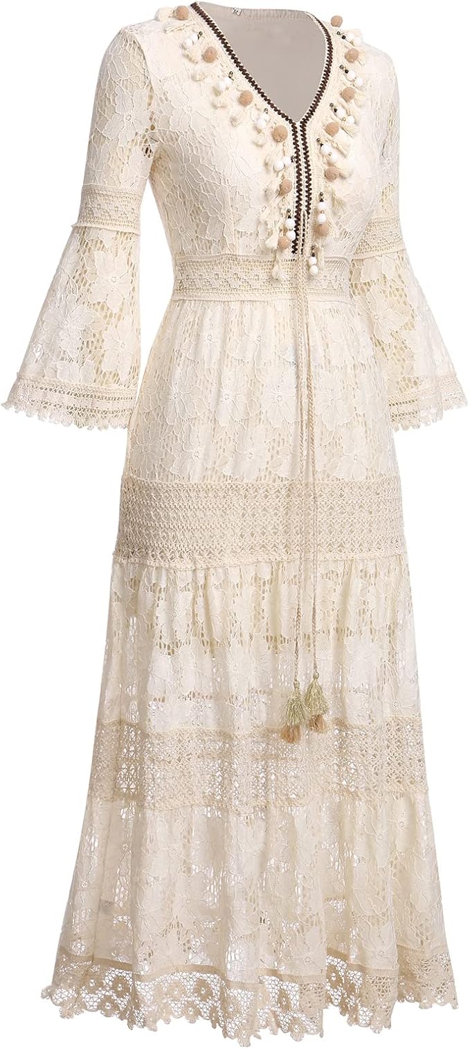 Chic women's bohemian style maxi dress with romantic lace, an elegant long dress for any occasion.
