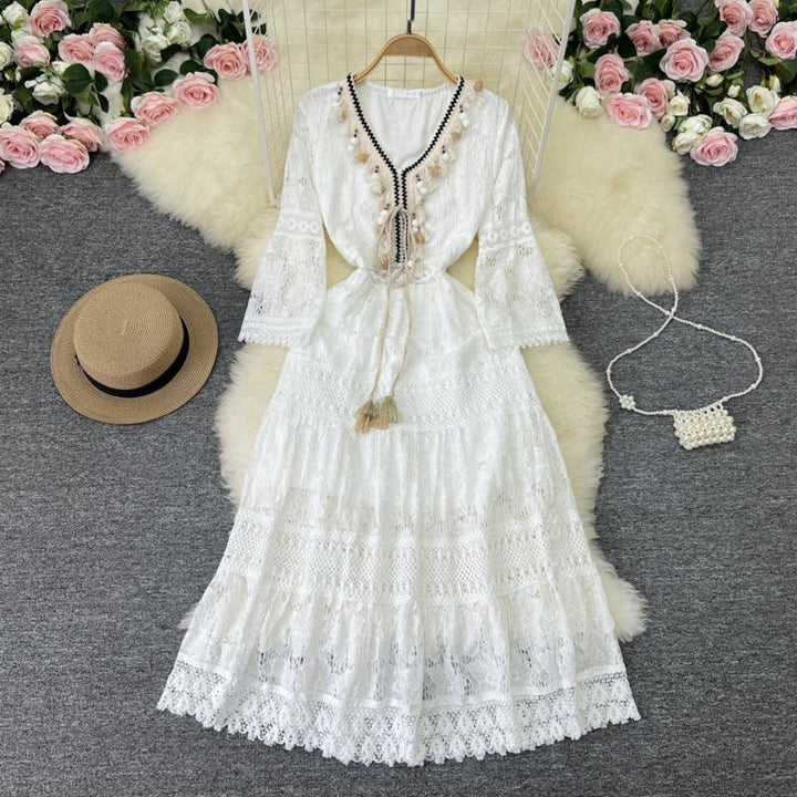 Graceful women's boho lace maxi dress, offering a comfortable and stylish long summer silhouette.