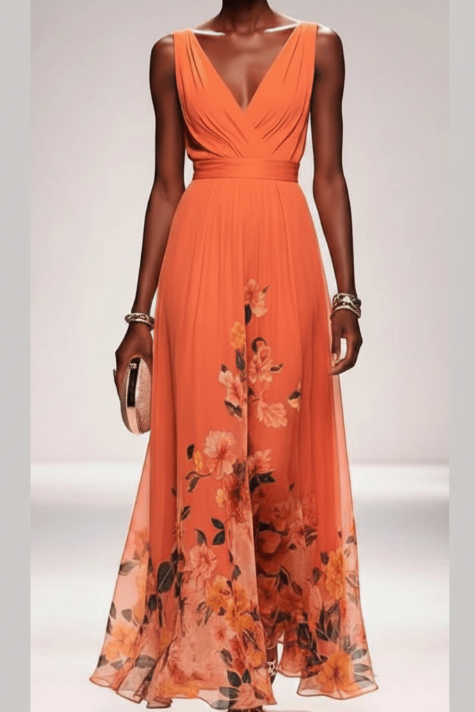 Elegant women's occasion dress, a long floral maxi style for a romantic and flowy look.