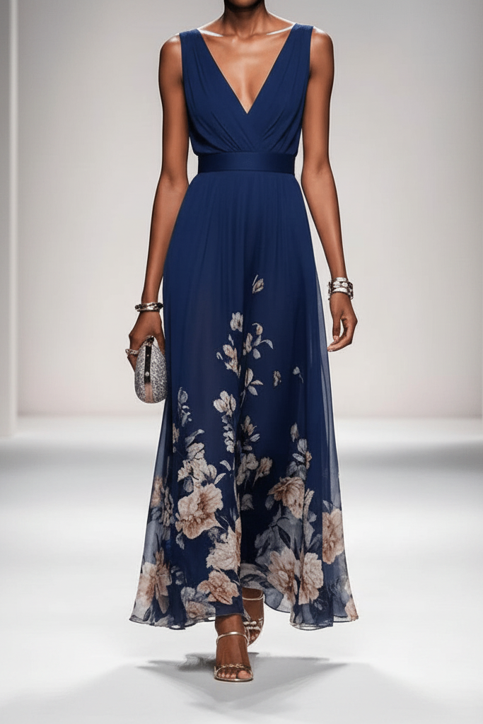 Romantic floral maxi dress, perfect for a flowy summer look or elegant vacation style for women.
